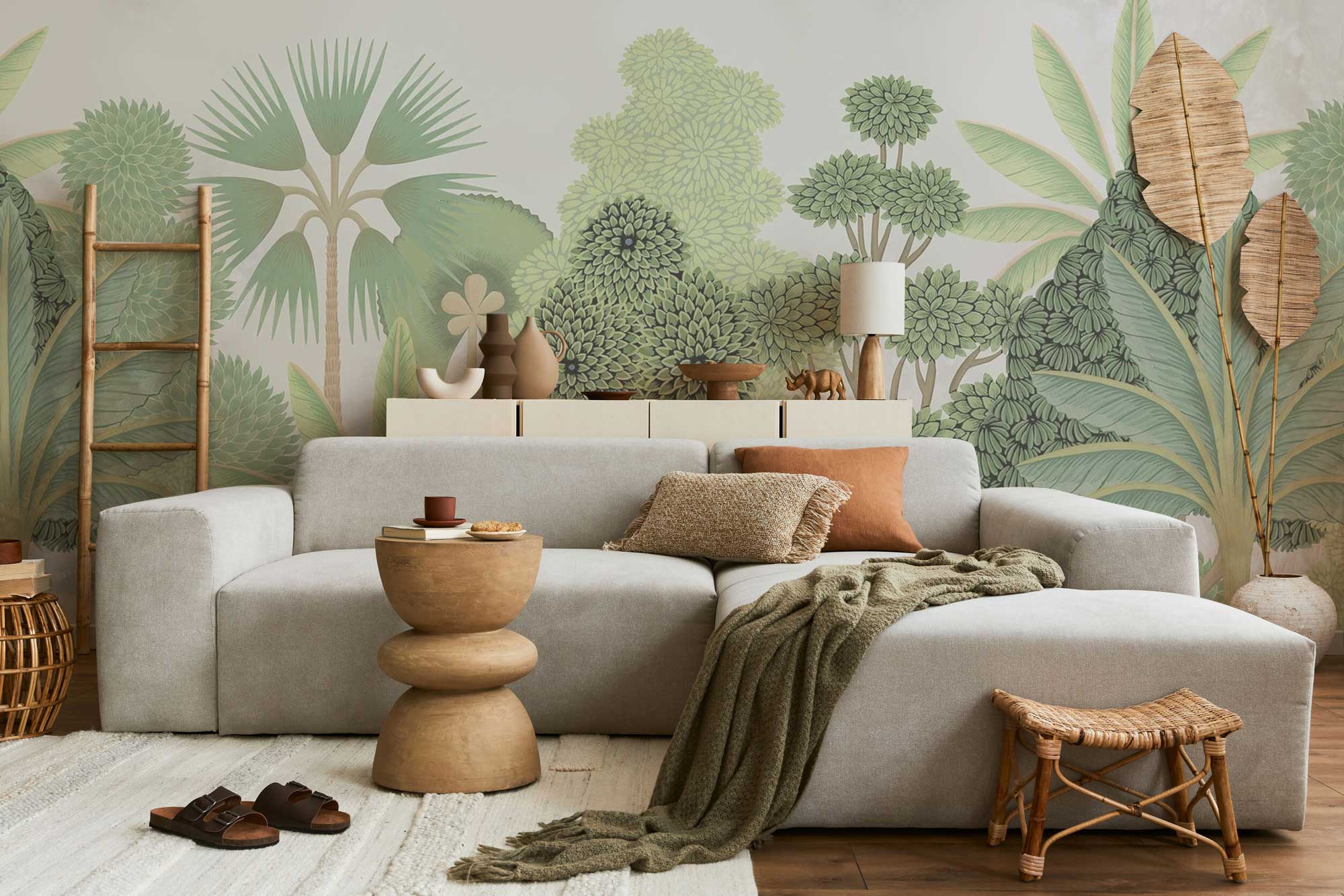 A nature jungle removable wallpaper mural in a contemporary living room 