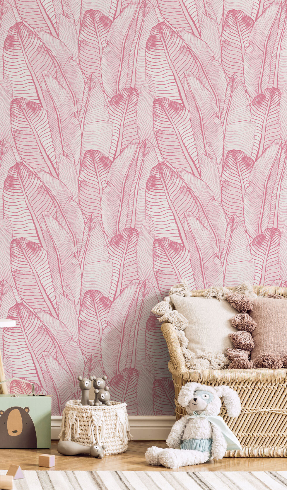 Pink Tropical Palm Leaves wallpaper mural for nursery