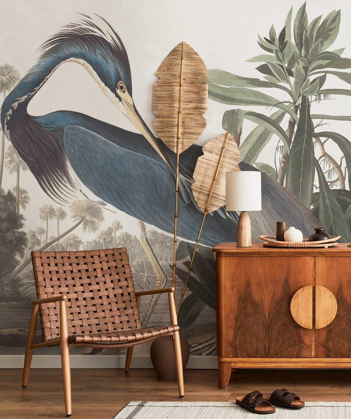 A vintage birds of america fine art paingint wallpaper mural in a tropical living space