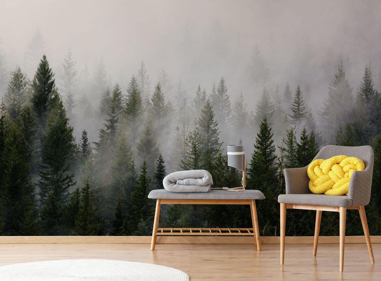 misty forest lanscape wallpaper mural