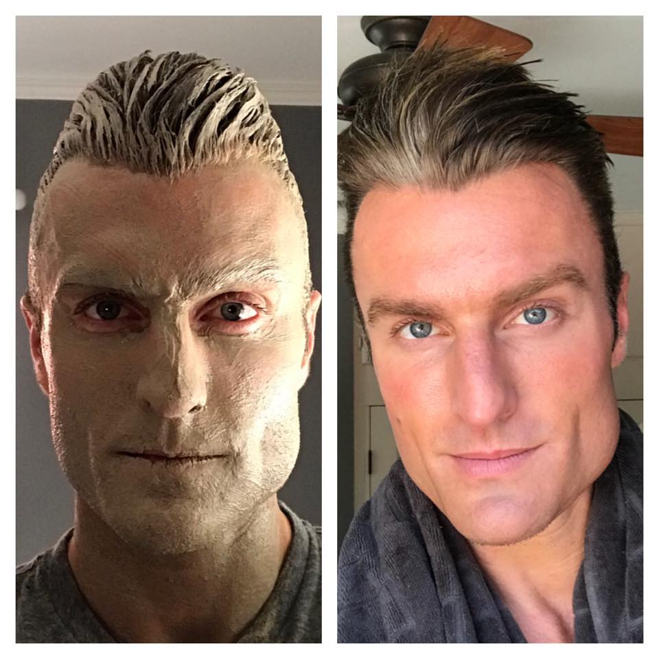 Before and after images of Andy Hnilo wearing the Alitura Clay Mask