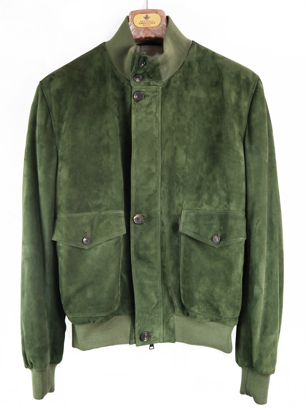 Green Olive Suede Bomber jacket - Sartoria Caracciolo