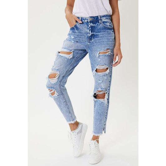 high waisted destroyed boyfriend jeans