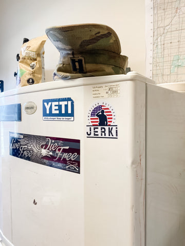 sticker on a fridge