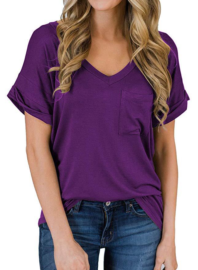 JDEFEG Womens T Shirts Short Sleeve Loose Fit Women Long Sleeve Loose Round  Neck Casual Pullover Rose Printed T Shirt Top Girl Sleeve Polyester Purple  S 