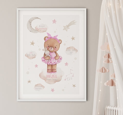 Ballerina teddy bear - birth details print for girl. Moon, clouds and stars.