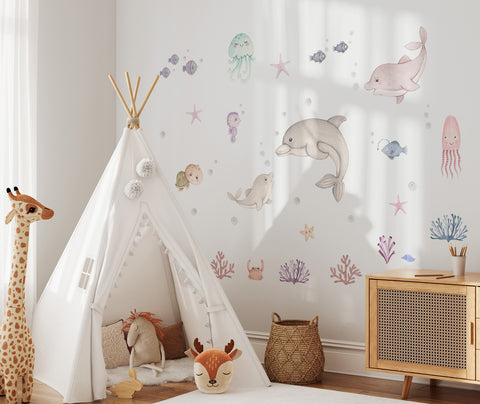 Dolphin wall decals for girls room. Fish and ocean.
