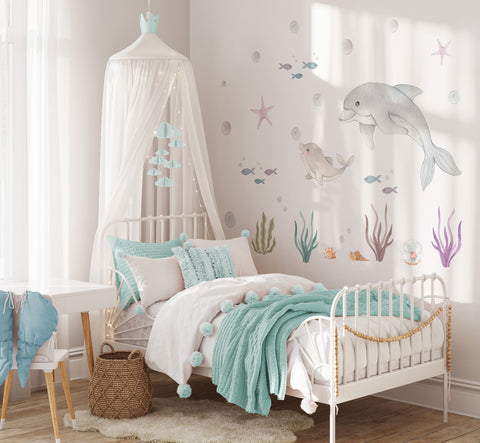 Dolphins for child's room wall stickers. Fish and sea.