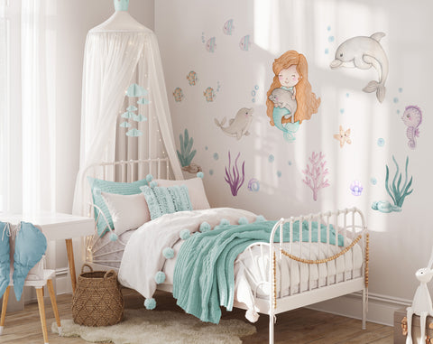 Dolphins and mermaid wall stickers for girl room. Fish and sea.
