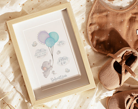Elephant with balloons. Clouds - birth details poster for baby boy.
