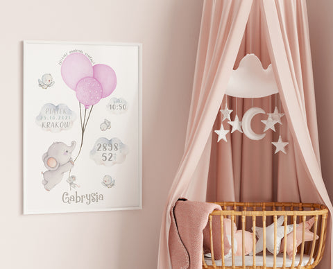 Elephant with pink balloons. Clouds - birth details print for baby girl nursery.