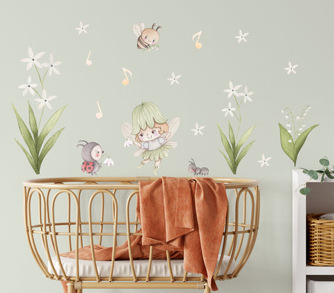 Fairy garden and bee - kid's small room wall decals.