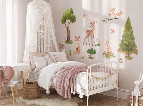 Forest animals - wall decals for child's room. Hare, trees, deer and fox.