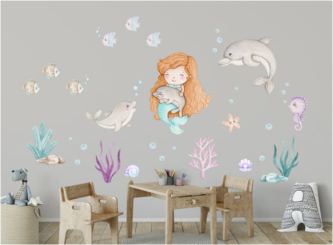 Little mermaid - girl's room wall decals. Fish, dolphins and ocean.