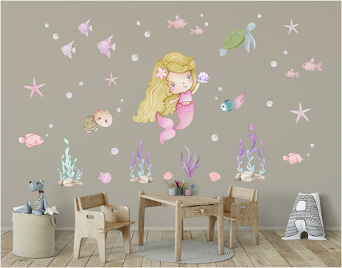 Mermaid and turtles. Girl room wall decals - fishes, ocean and sea.