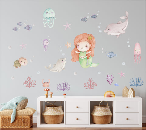 Mermaid wall decals for children's room. Dolphins, fish and sea.