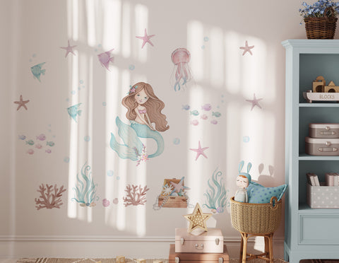 Mermaid wall stickers for girl room. Fish and ocean.