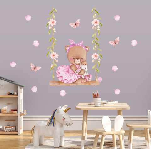 Teddy bear ballerina - girl's room wall decals. Butterflies and roses.