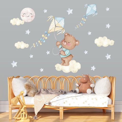 Teddy bear with the kite - baby nursery wall stickers. Cloud, stars and moon.