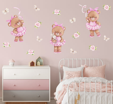 Teddy bears ballerinas - wall stickers for girl's room. Butterflies and flowers.