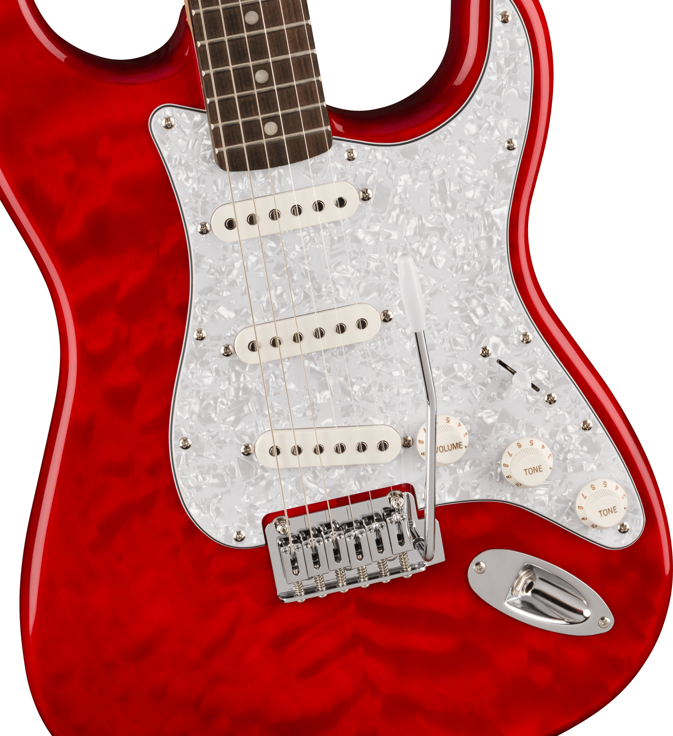 Squier FSR Affinity Series™ Stratocaster® QMT, Laurel Fingerboard, White  Pearloid Pickguard, Crimson Red Transparent