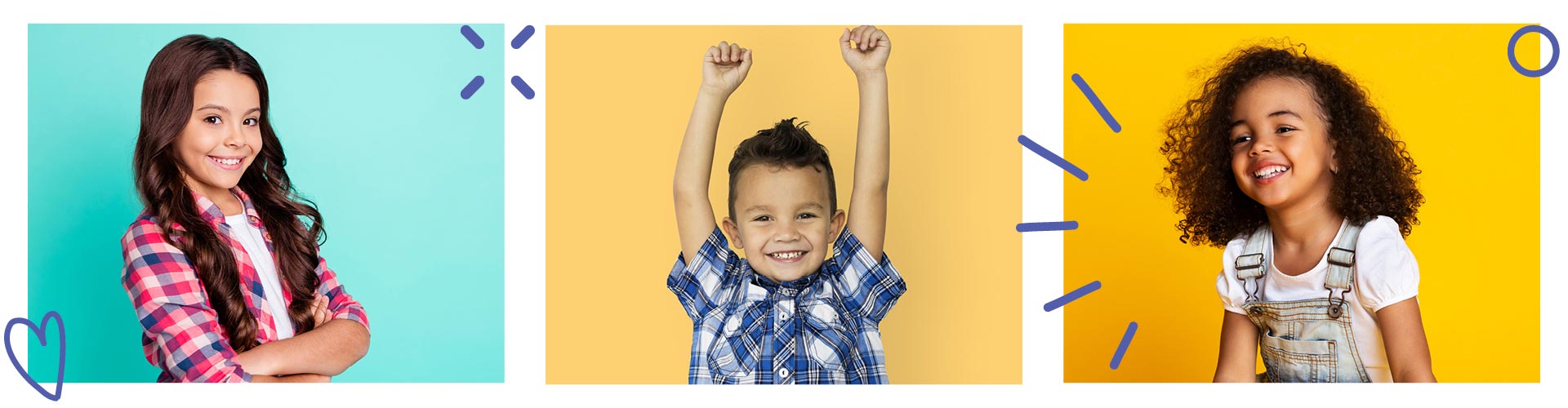 images of 3 kids smiling in bright colors