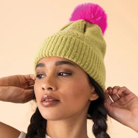 Ingrid Bobble Hat-Lime/Fuchsia