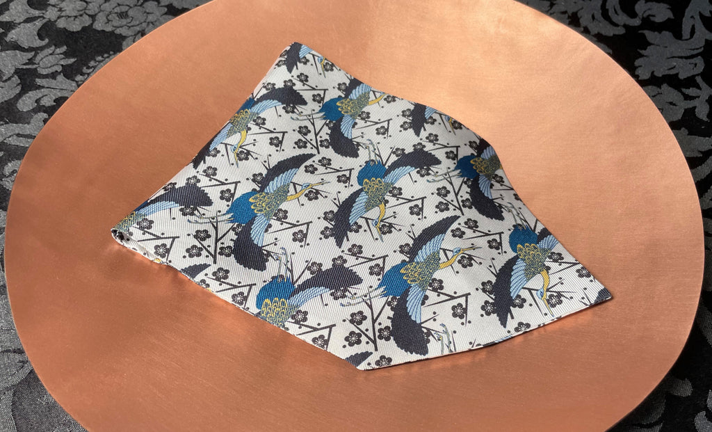 Hideo White Blue Japanese Cranes Printed Silk Cravat