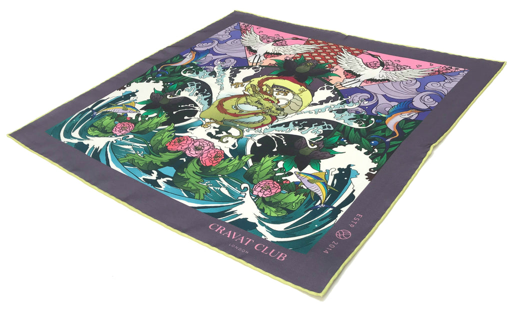 Aranami Irezumi Dragon Design Japanese Silk Pocket Square for Men