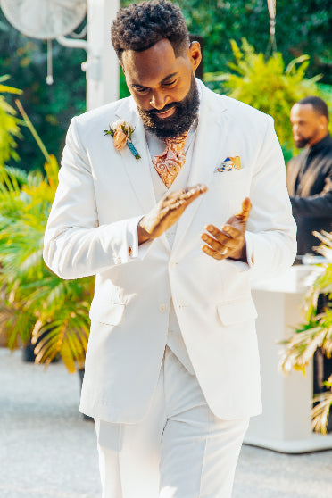 Customer wearing an ascot tie as a wedding cravat