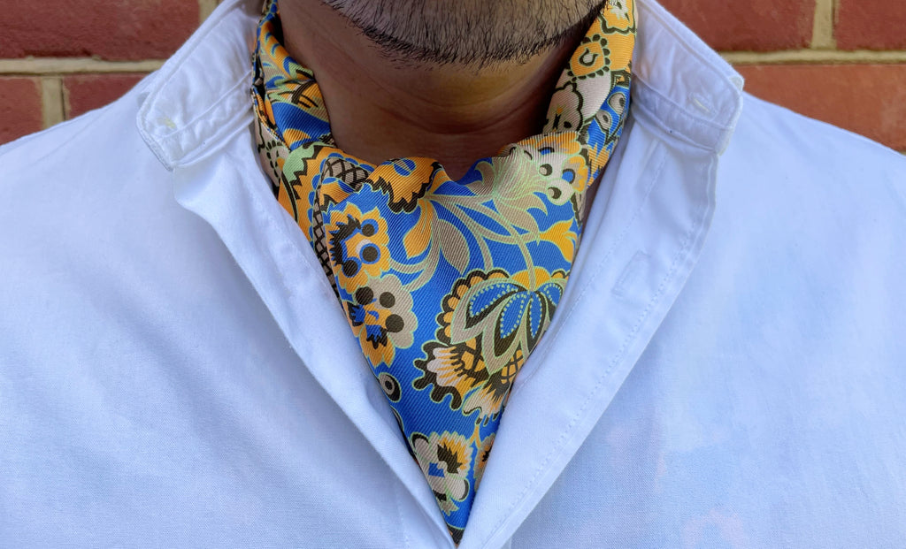 Gilford Blue Yellow Green Floral Botanical Silk Cravat Ascot Tie for Men