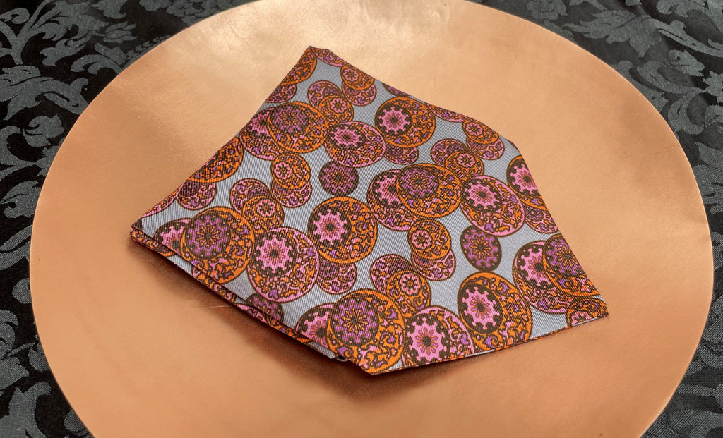 Hao Grey Orange Pink Chinese Oriental Pattern Silk Cravat