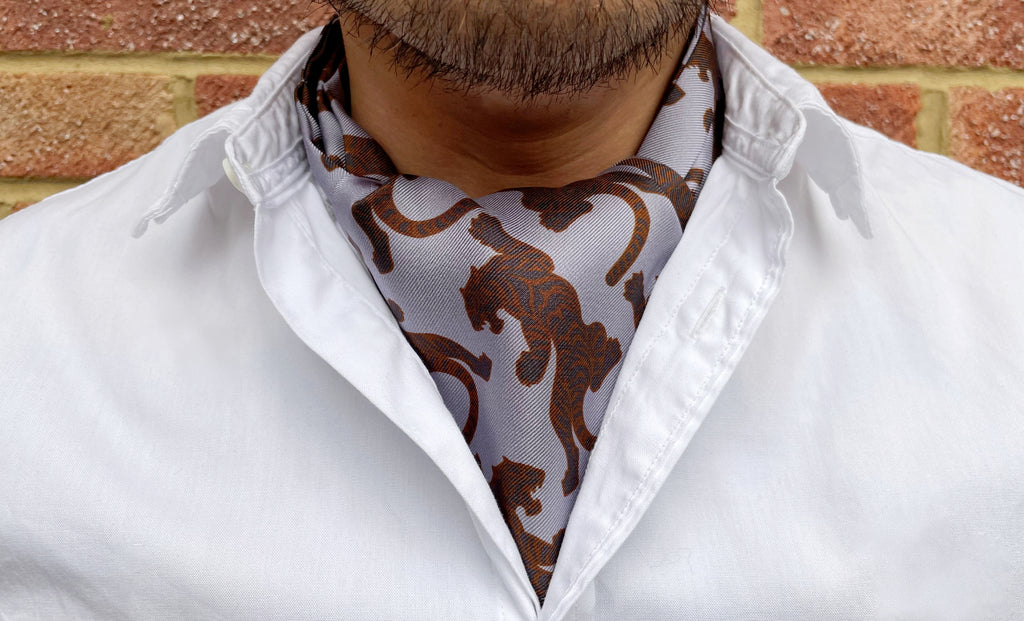 Kumo Tiger Print Silk Cravat Ascot Tie for Men