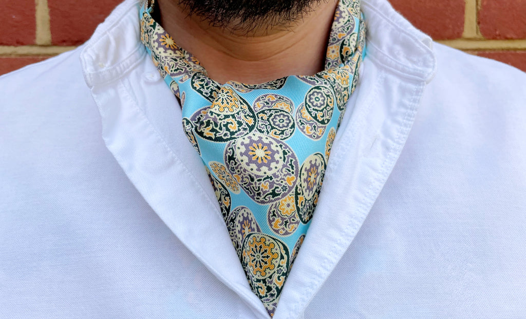 Lixin Blue Yellow Oriental Geometric Pattern Silk Cravat Ascot Tie for Men