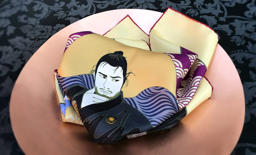 Mifune Japanese Samurai Design Ukiyo-e Printed Silk Pocket Square