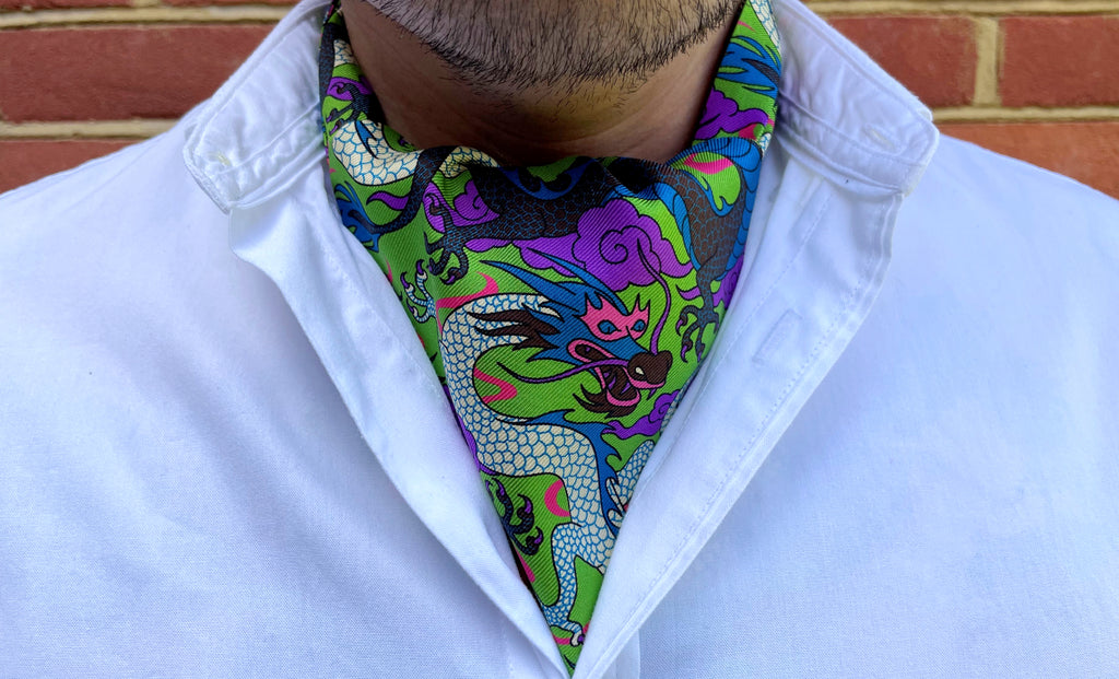 Seiryu Green Purple Blue Japanese Dragons Printed Silk Cravat Ascot Ties for Men