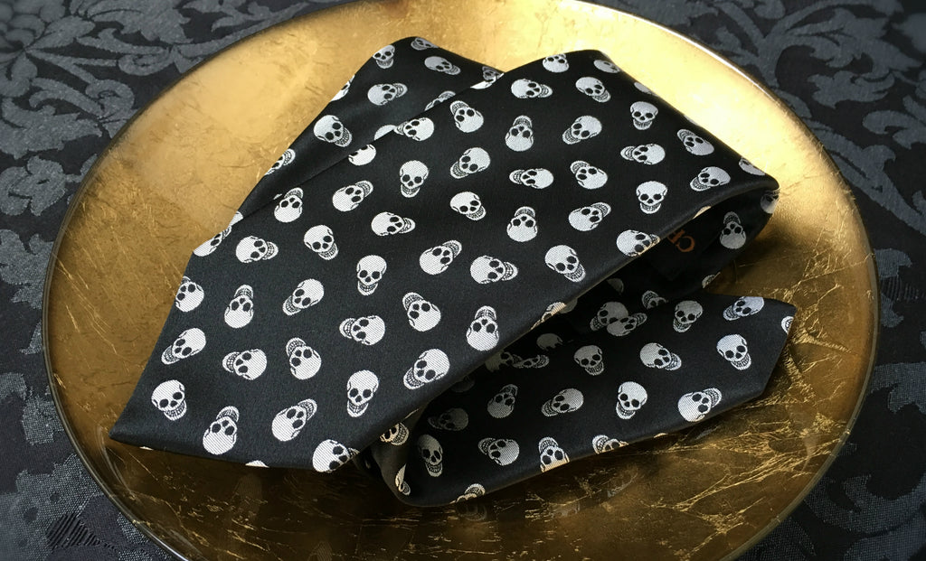 Victor Black White Skulls Silk Tie for Men Halloween