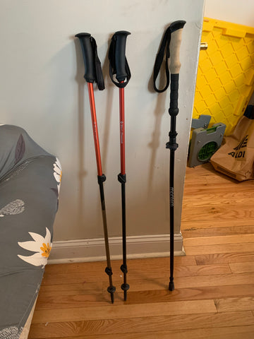 Black diamond trail trekking poles (left) standing beside the Montem Ultra Z Folding Pole (right)