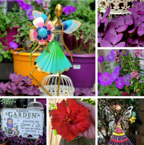 Bright images from Karen's garden. Upper left: A metal crafted fairy in bright greens, pinks, blues and a gold body; lower left: a sign that reads "Karen's Garden: And into the garden I go to lose my mind and find myself; middle: a bright red hibiscus; lower left: a wire/metal fairy with bright colors and twisted hair; middle right: purple pansies and pink flowers; top right: purple flowers and a white metal basket in background.