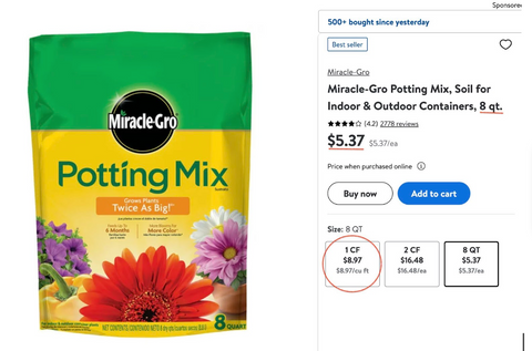 A screenshot of a bag of Miracle Gro Potting Soil along with the prices for different sizes.