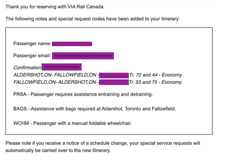 Screenshot of email detailing the assistance that Lisa will receive on her trip.