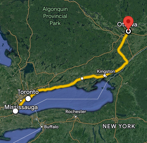 Map highlighting the train journey to Ottawa in yellow.