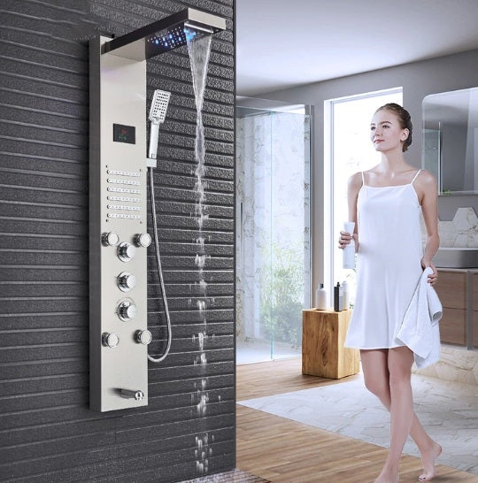 8" Stainless Steel Shower Column Panel Rain & Waterfall Shower Head Massage Jets Shower System