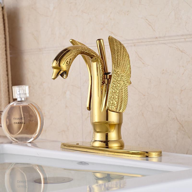 Golden Brass Swan Shape Deck Mount Vessel Basin Sink Faucet