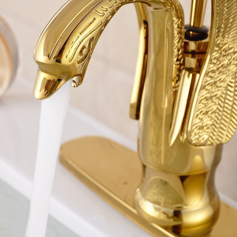 Golden Brass Swan Shape Deck Mount Vessel Basin Sink Faucet