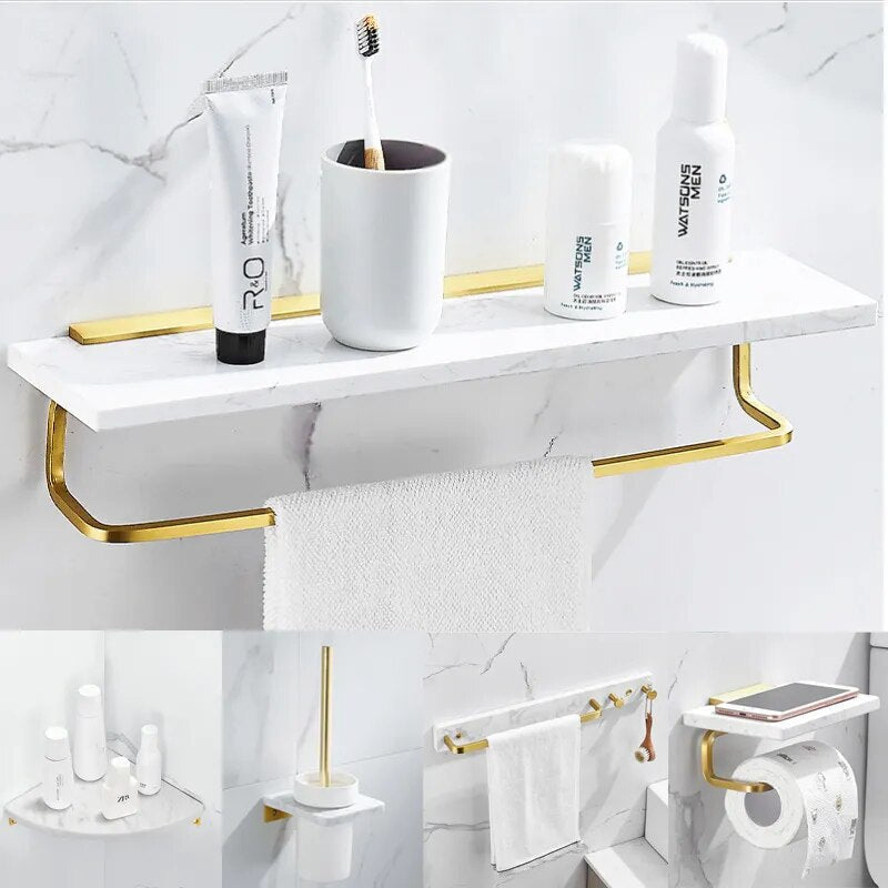 Bathroom Accessories Set Brushed Gold Bathroom Shelf Marble and