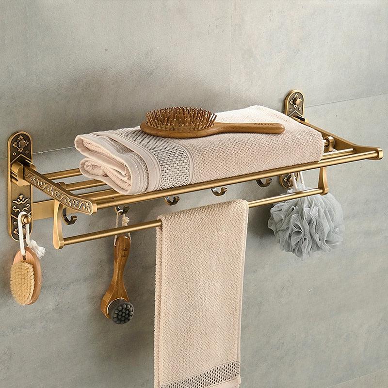 Antique Brass Double Towel Shelf With Hooks Bathroom Accessories – Index  Bath