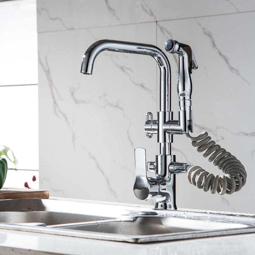 Kitchen Faucet Pull out Side Spray Dual Spout Single Handle Mixer Tap
