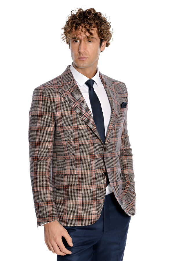 Houndstooth Pattern Wool Light Brown Men Blazer - Wessi