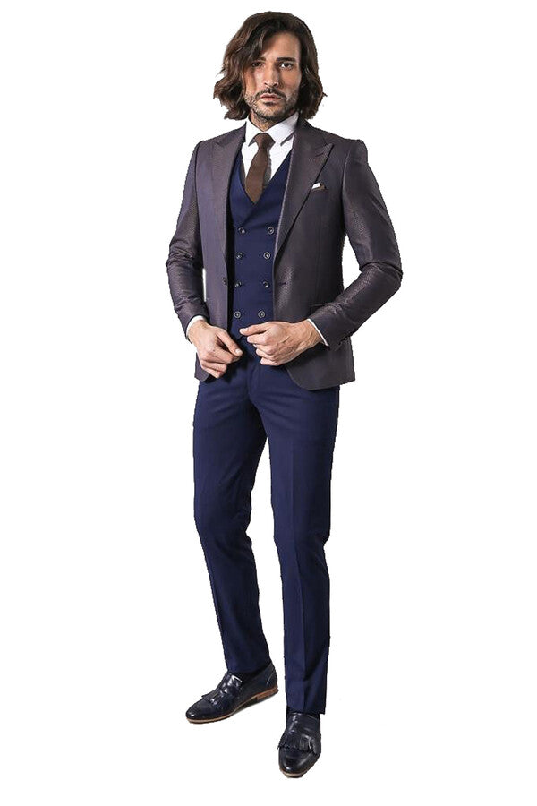 Anthracite Blue Plaid 3 Piece Slim Fit Suit - Wessi